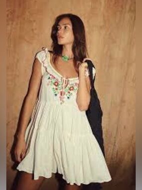 Free People White Boho Mini Dress with embroidered flowers